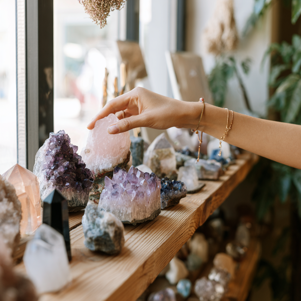 Variety of crystals arranged on wooden table including amethyst, rose quartz, clear quartz, and black tourmaline