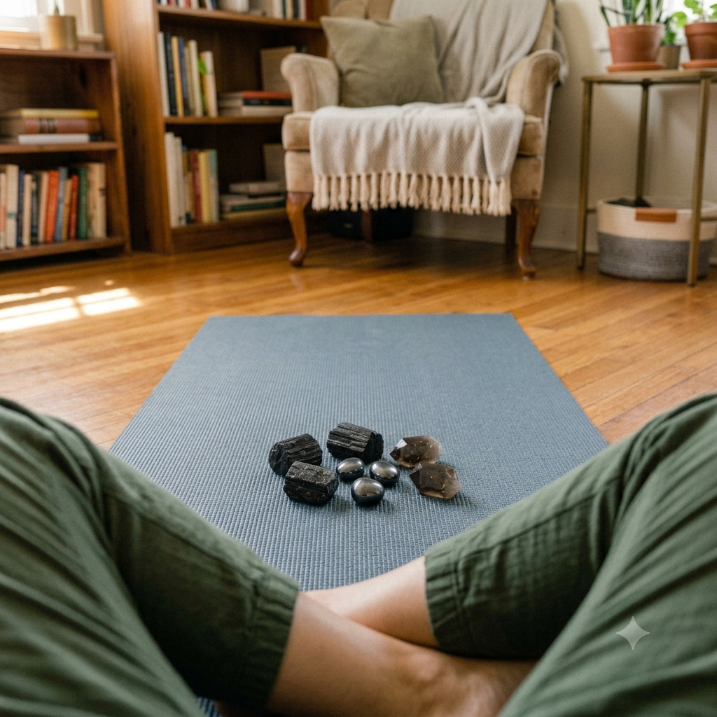 woman sitting on a yoga mat with a pile of crystals in front of her, including black tourmaline, hematite, and smokey quartz.