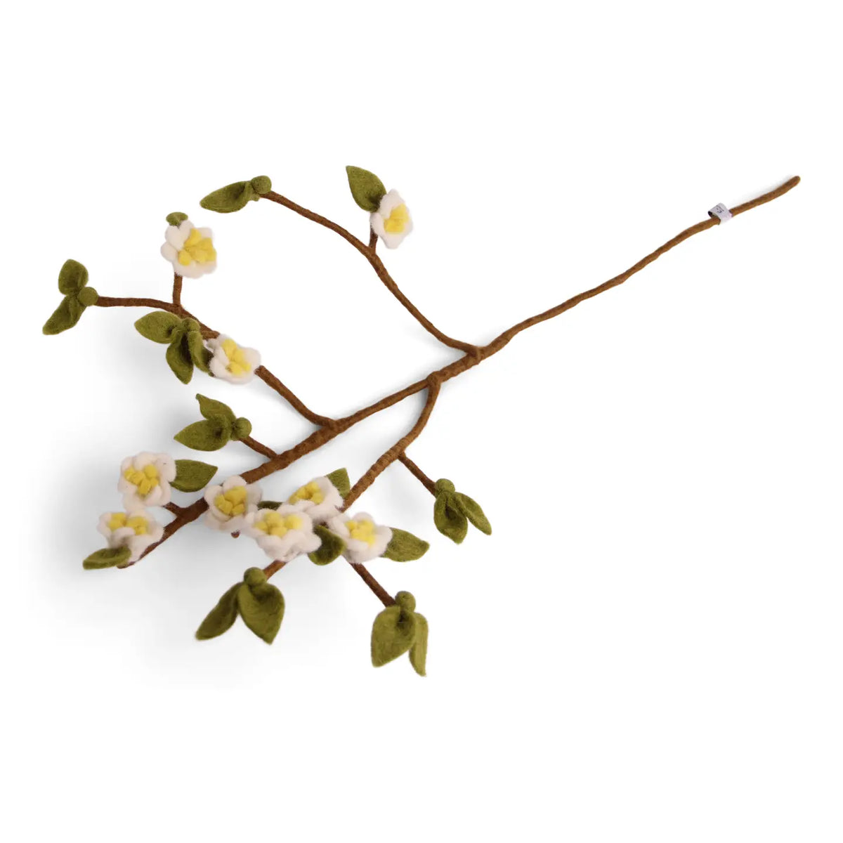The Healing Hedge Witch Long Felt Stem features a realistic artificial branch with small white and yellow flowers and green leaves, inspired by Danish design, shown on a plain white background.