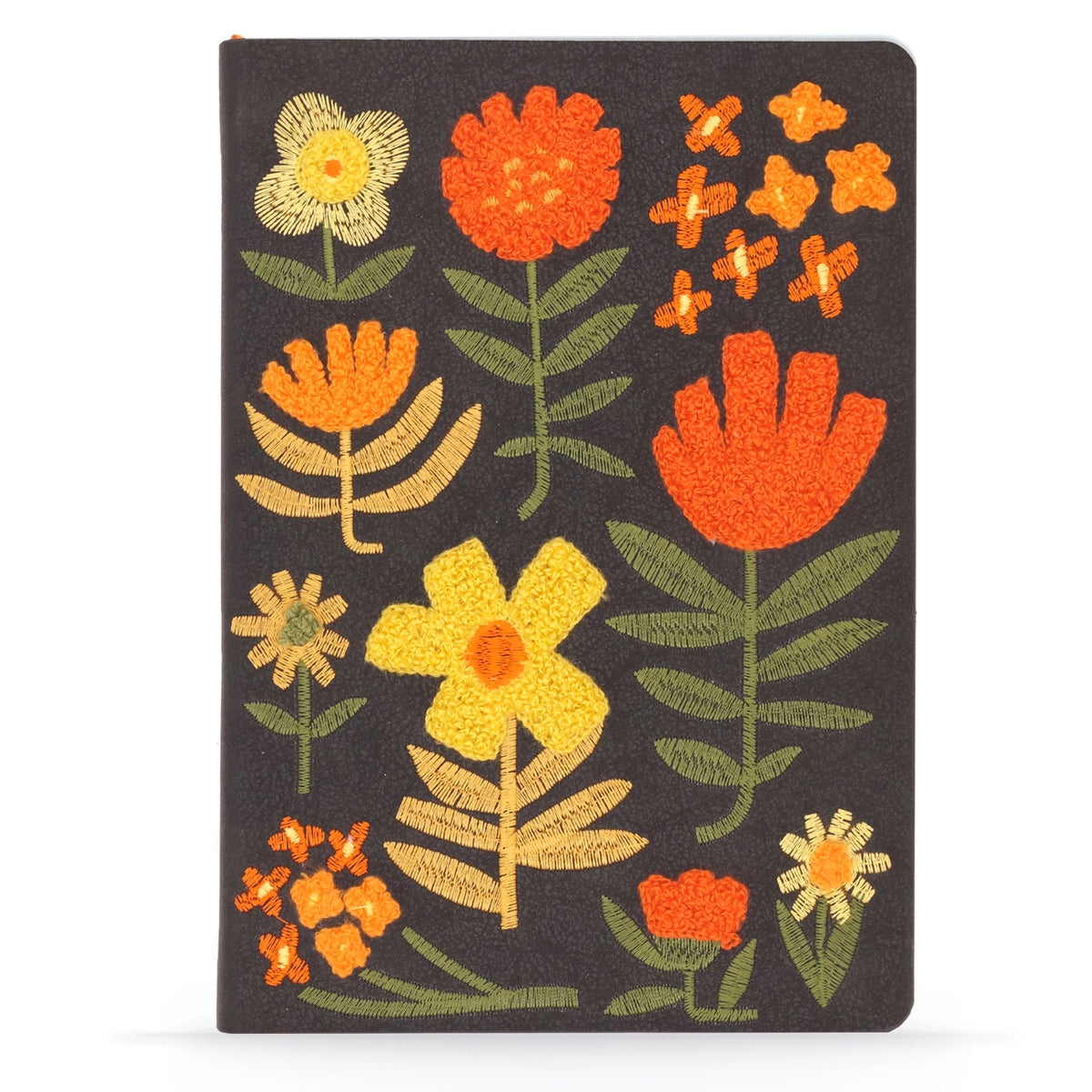 Chunky Flowers Embroidered Journal Notebook yellow and orange flowers with green and yellow stems on charcoal colored faux leather