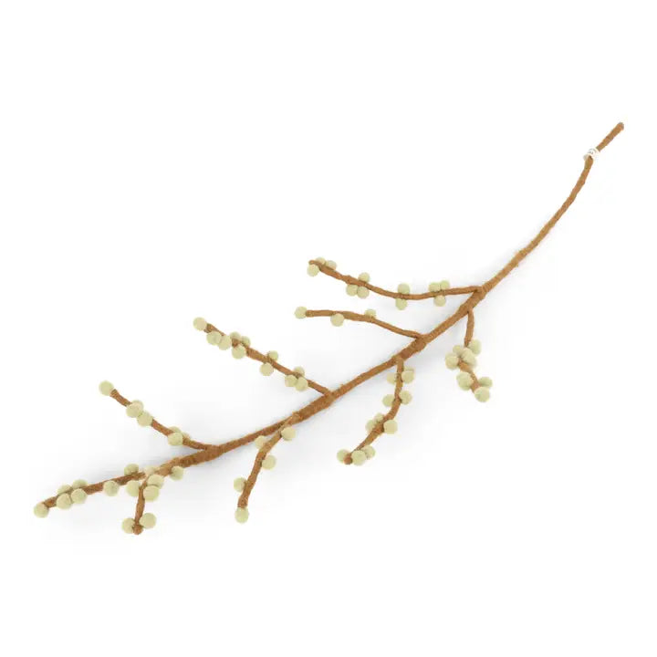 The Healing Hedge Witch Long Felt Stem features small, round, light yellow-green buds on a brown artificial branch, inspired by Danish design and displayed on a white background.
