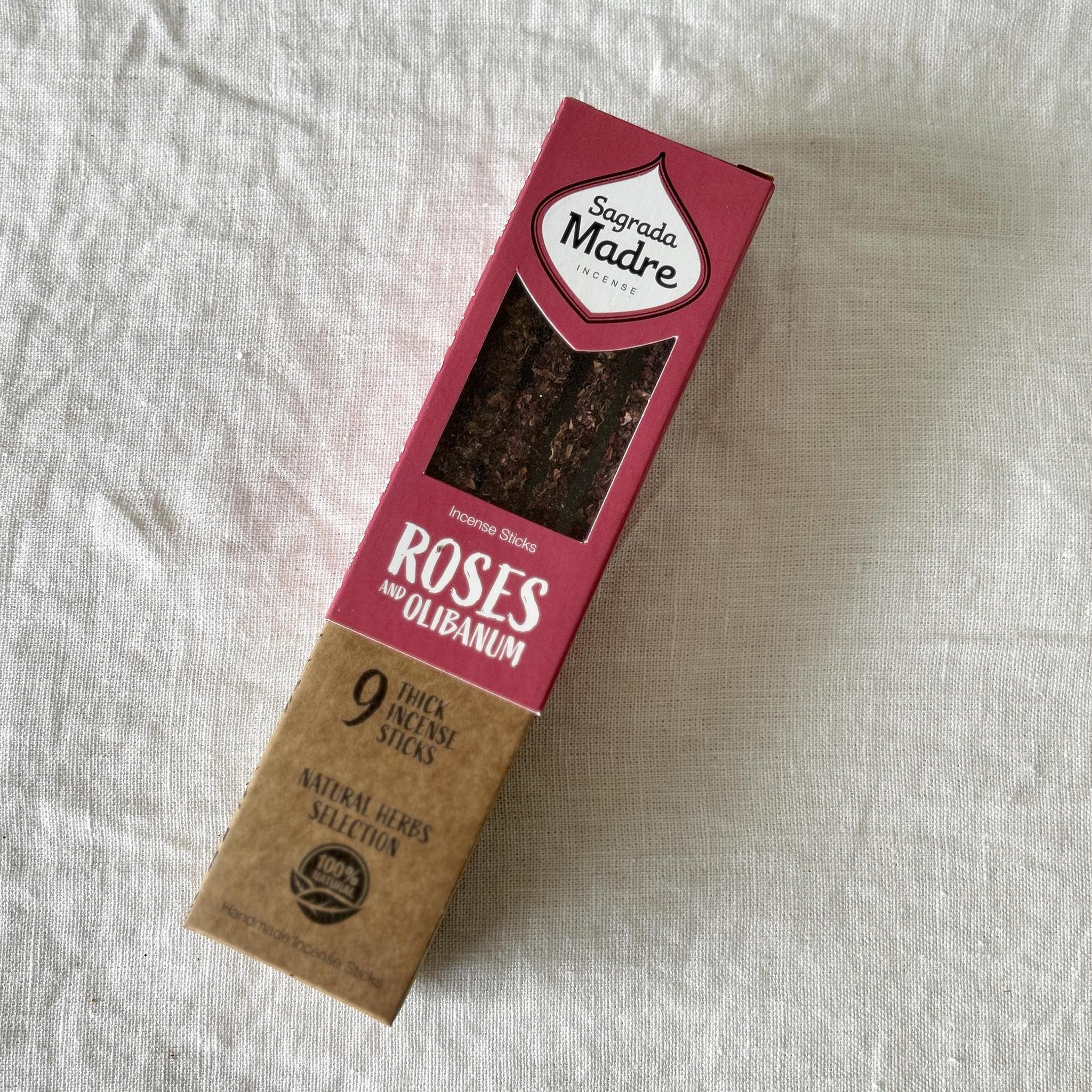 Roses and Olibanum Incense Sticks. Each stick is hand formed around an Olibanum (Frankincense) resin base then carefully packed with whole flowers, herbs and/or petals. Leaving a gorgeously decorated incense stick that is as impressive to see as it is to smell.