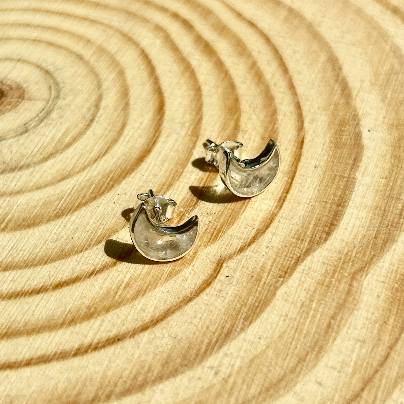 Rainbow Moonstone Moon Sterling Silver Stud Earring