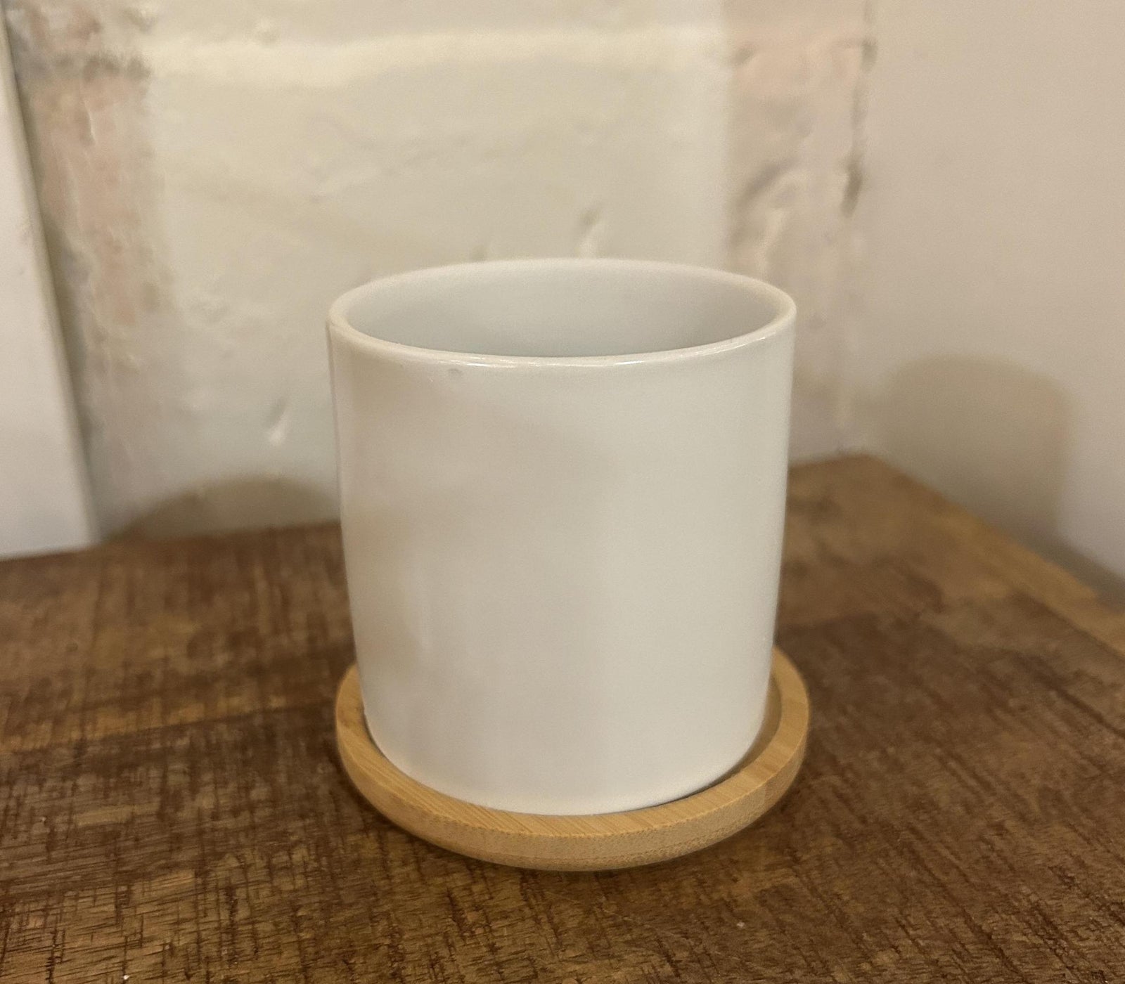 3" White Ceramic Round Planter with Bamboo Saucer
