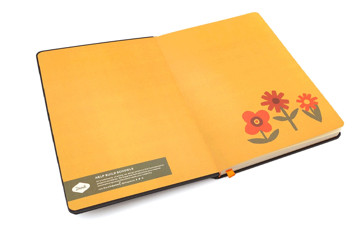 Chunky Flowers Embroidered Journal Notebook yellow and orange flowers with green and yellow stems on charcoal colored faux leather