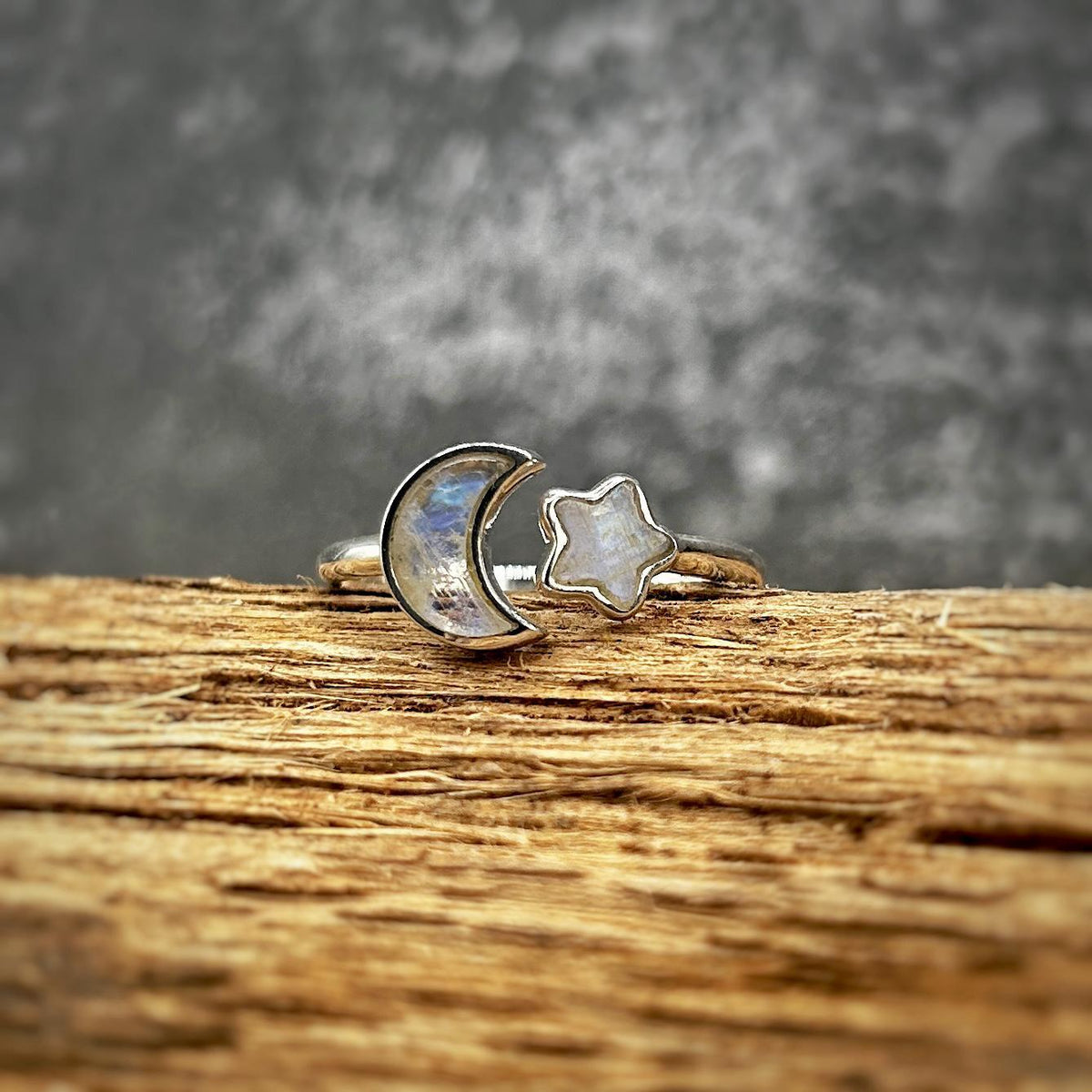 Rainbow Moonstone Moon &amp; Star Stackable Ring