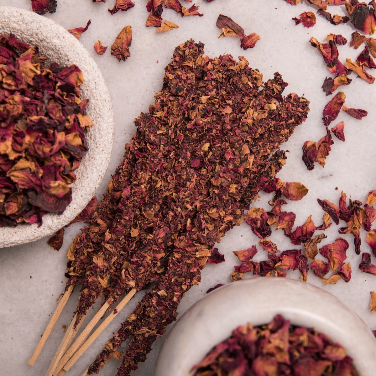 Roses and Olibanum Incense Sticks. Each stick is hand formed around an Olibanum (Frankincense) resin base then carefully packed with whole flowers, herbs and/or petals. Leaving a gorgeously decorated incense stick that is as impressive to see as it is to smell.