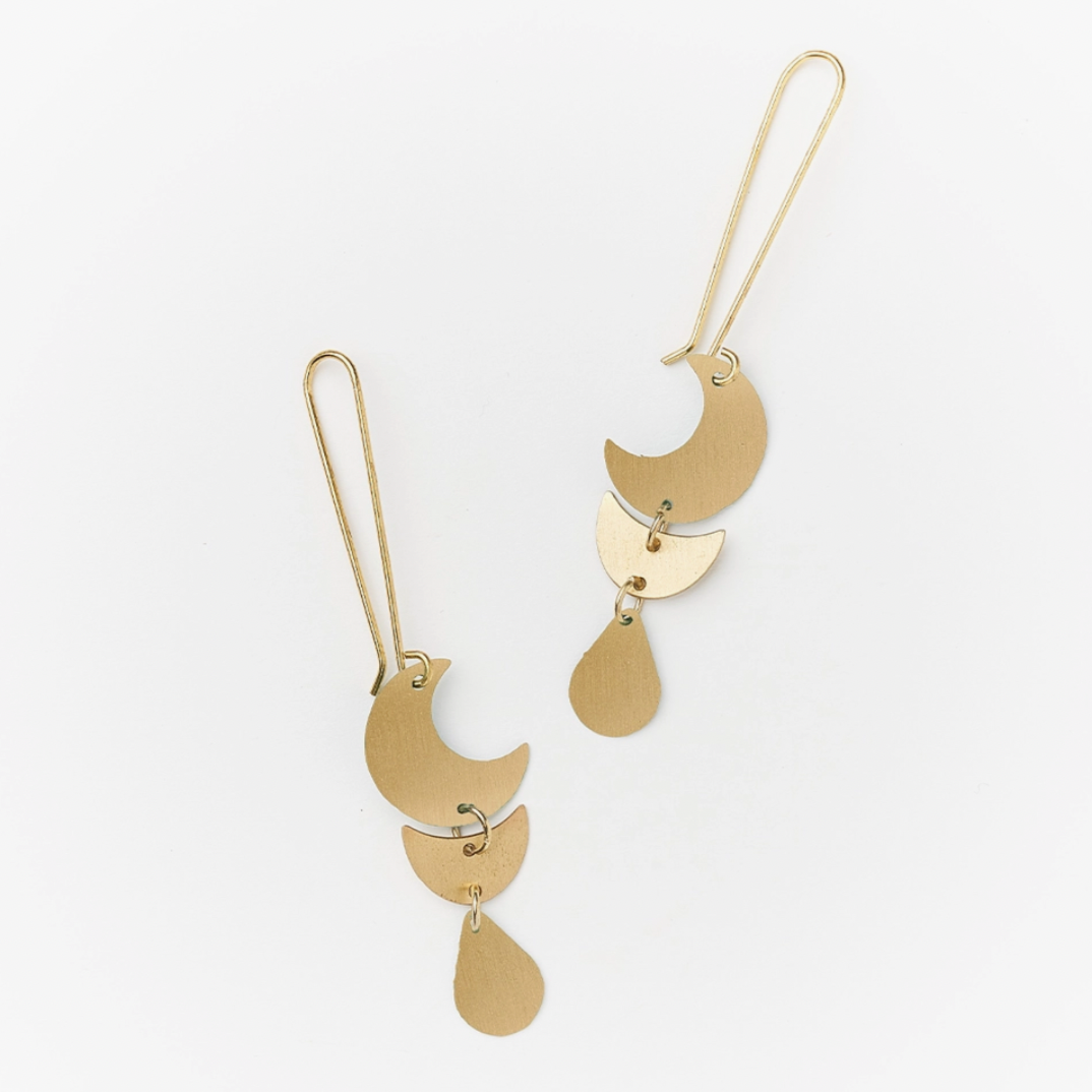 Rajani Moon Phase Gold Drop Earrings: handcrafted drop earrings feature dual crescent moon and teardrop charms with gold finish