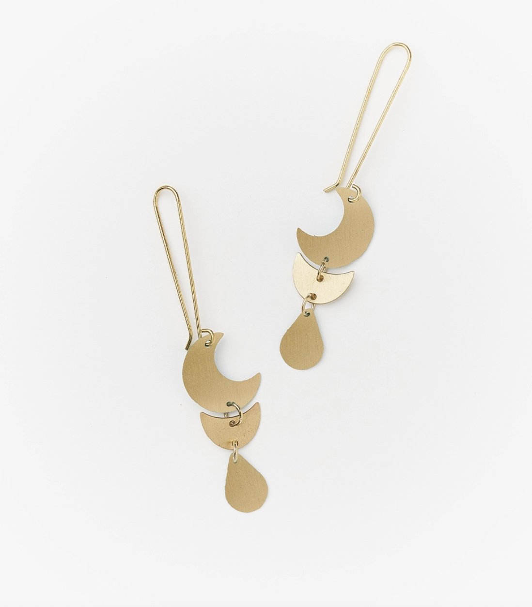Rajani Moon Phase Gold Drop Earrings: handcrafted drop earrings feature dual crescent moon and teardrop charms with gold finish