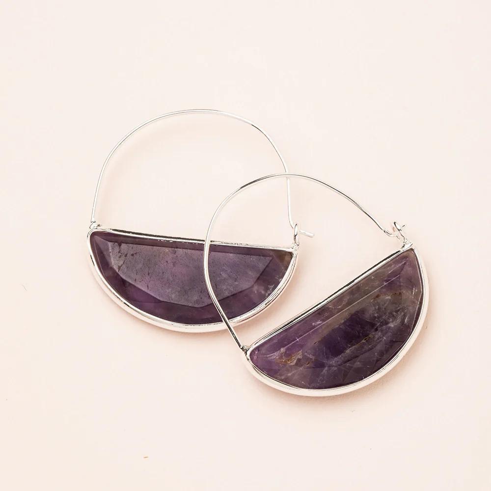 Amethyst Silver Stone Prism Hoop Earring