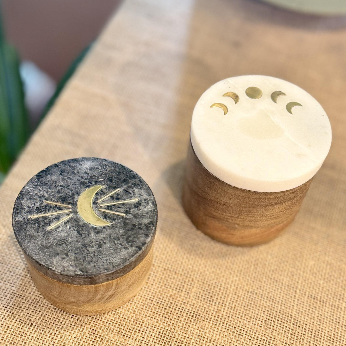 Moon Phase Round Box Keepsake Wood &amp; Marble black white and gold