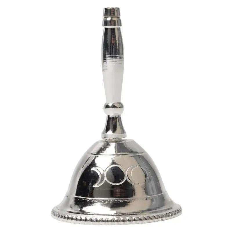 The Healing Hedge Witch Silver Altar Bell features a smooth handle and a triple moon engraving, standing upright on a white background—ideal for spiritual outdoor decor.