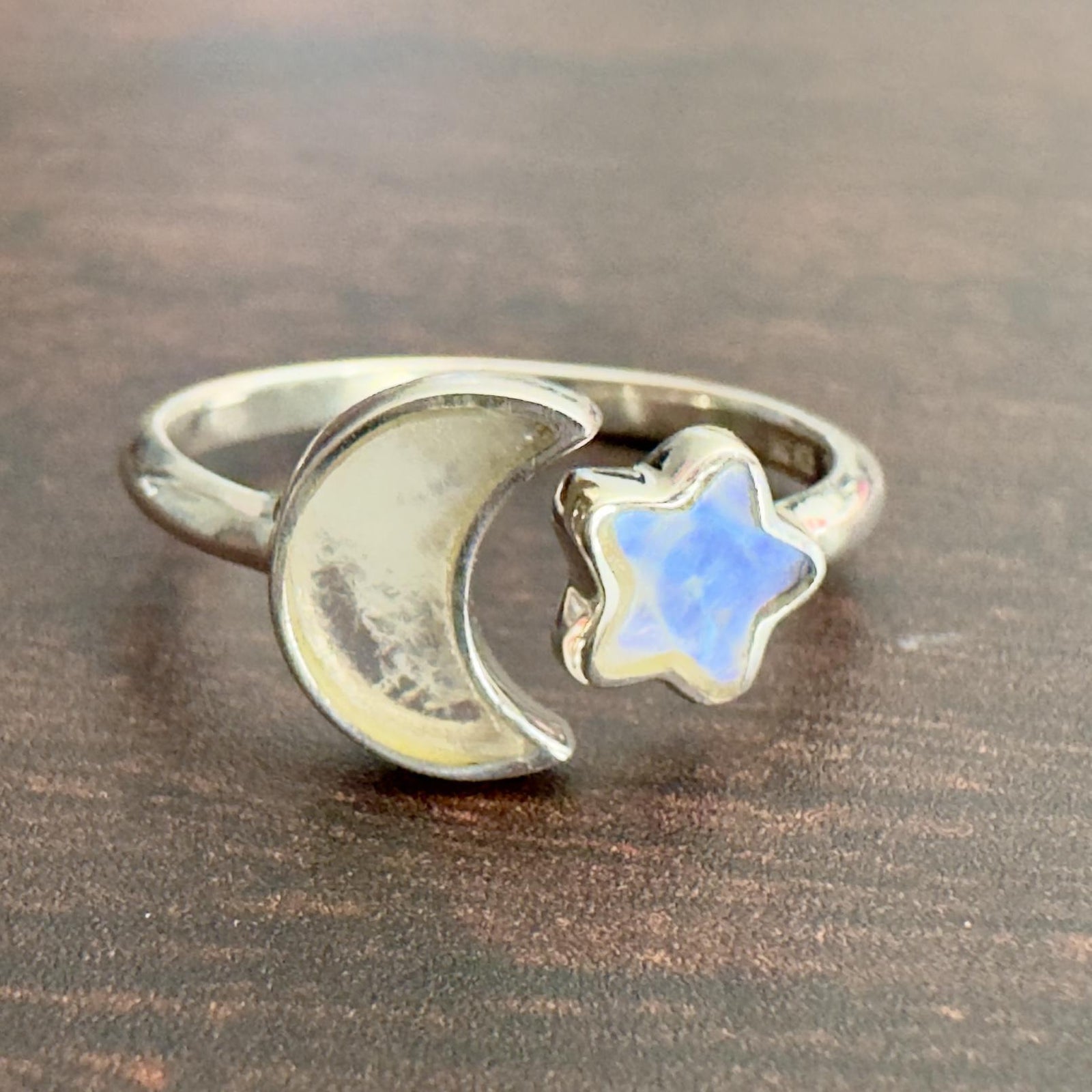 Rainbow Moonstone Moon & Star Stackable Crystal Ring