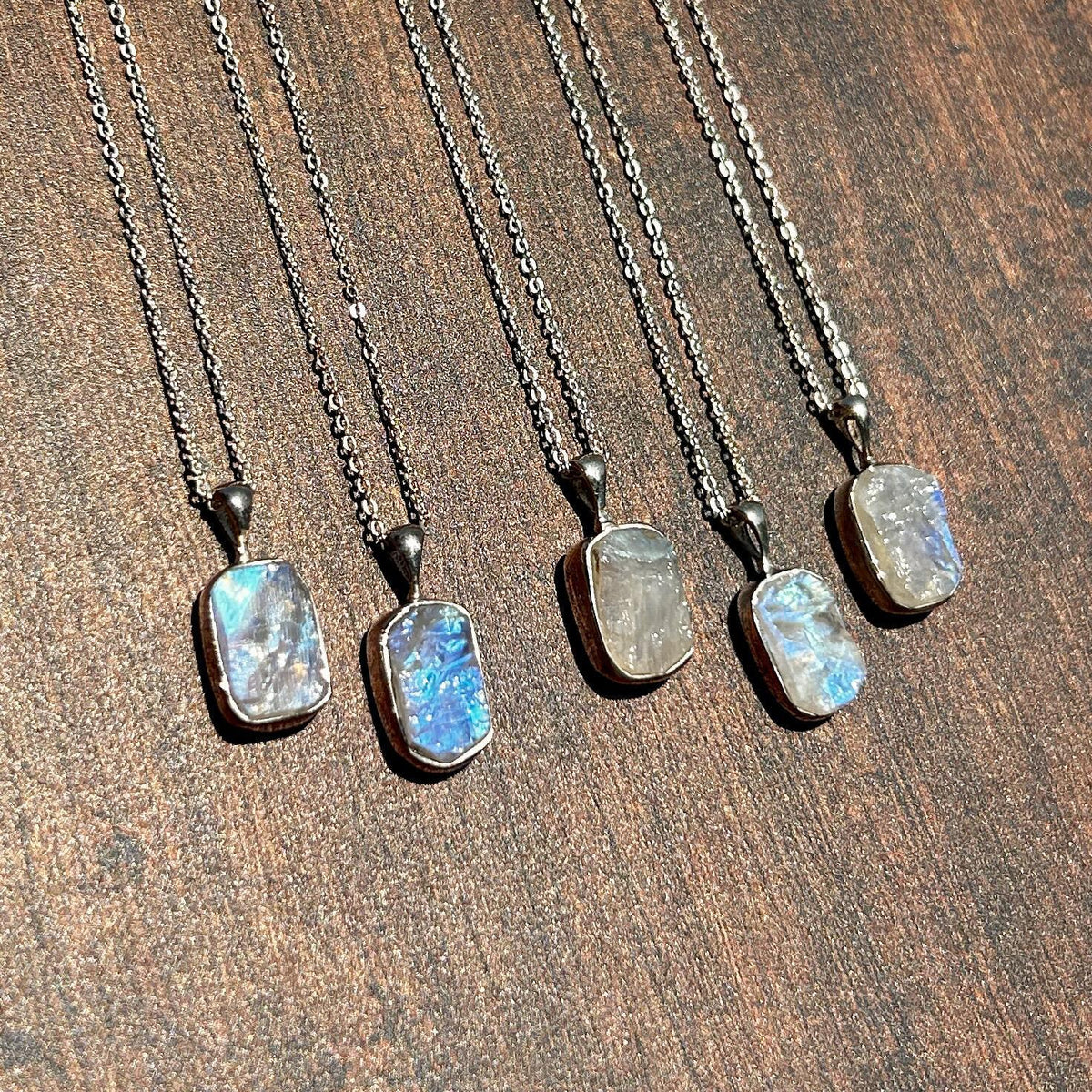 Rainbow Moonstone Rough Sterling Silver Crystal Necklace