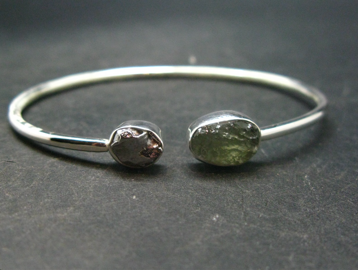 Moldavite &amp; Meteorite Sterling Silver Crystal Cuff Bracelet