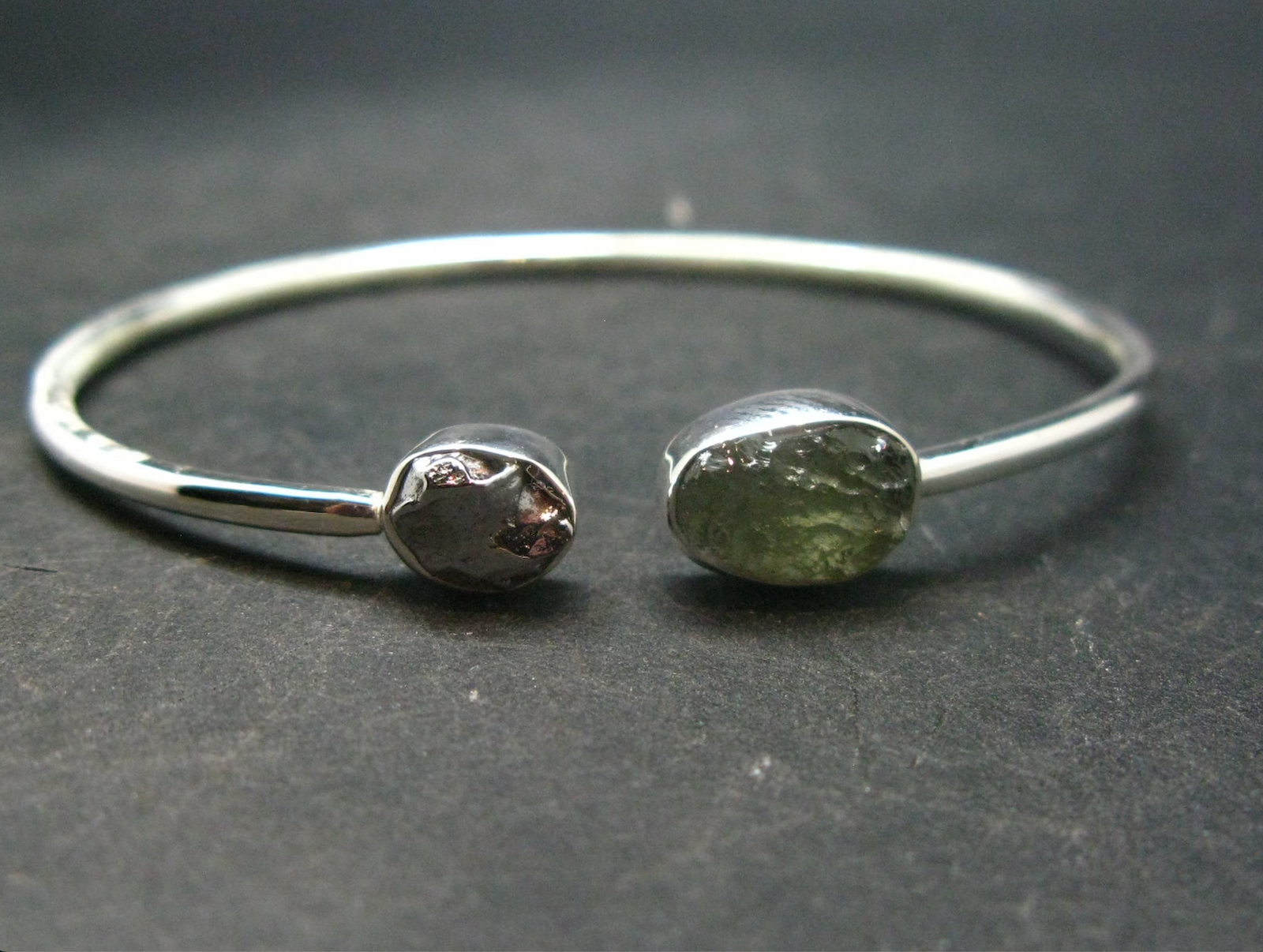 Moldavite & Meteorite Sterling Silver Crystal Cuff Bracelet