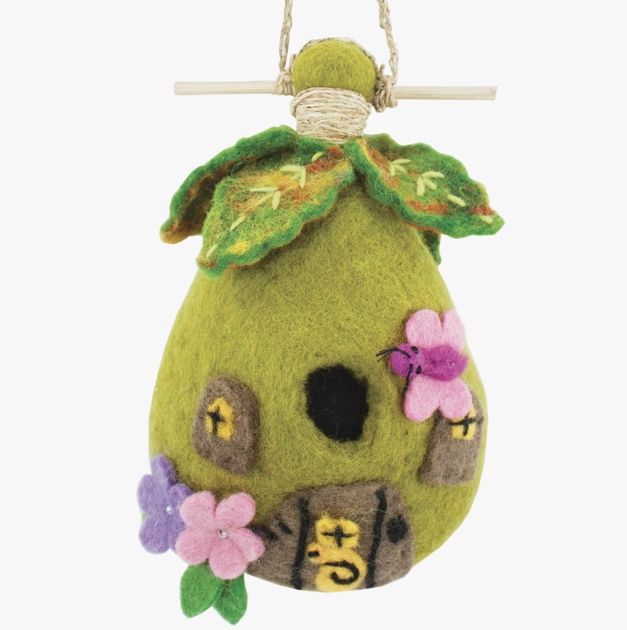 The Healing Hedge Witch's Fairy House Birdhouse is a whimsical, green handmade birdhouse with a leaf roof, tiny doors, felt flowers, and a purple butterfly—crafted from sheep wool for sustainability and easy to hang.