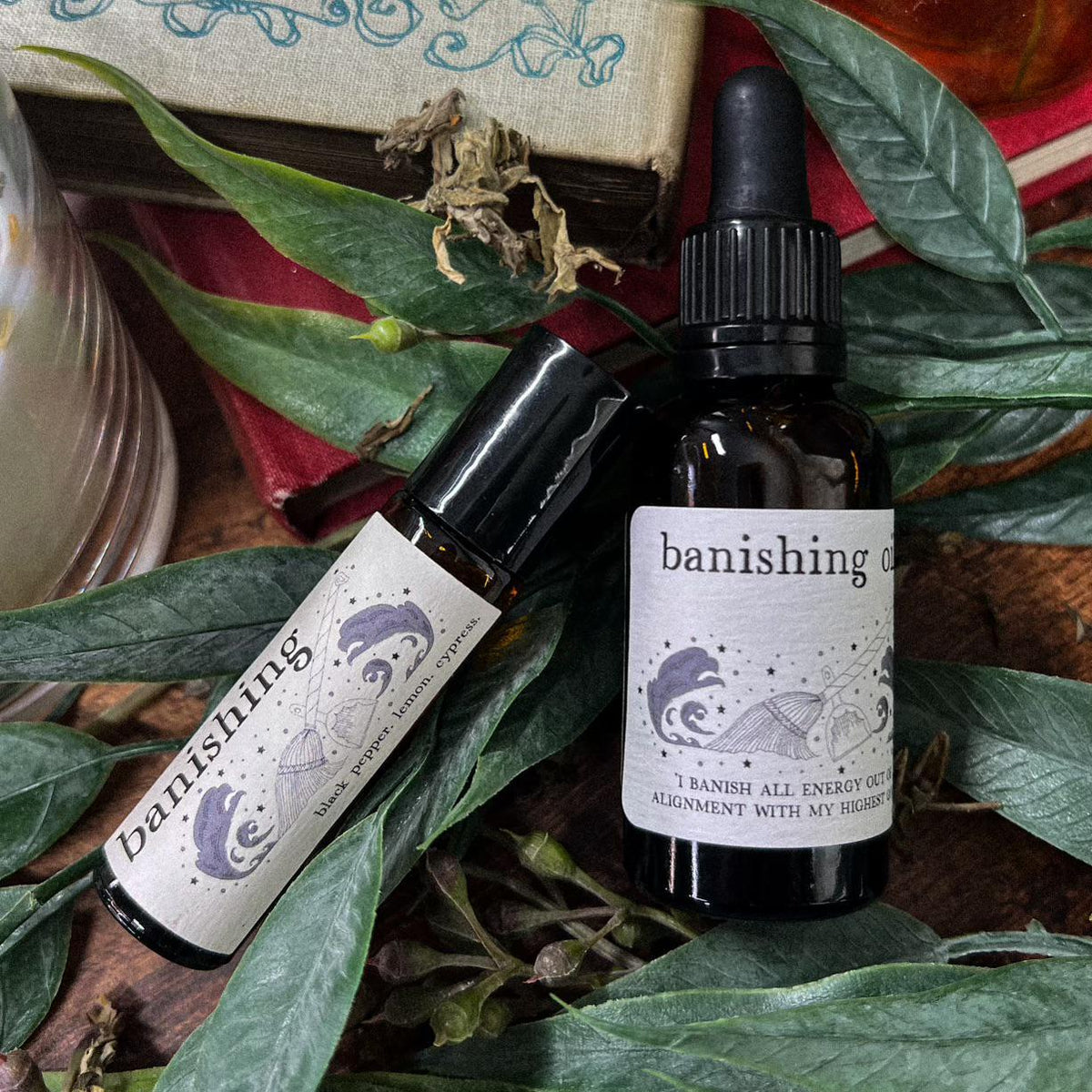 Banishing Oil Banish unwanted energy in your life with our hand crafted Banishing Oil.&amp;nbsp;

Bring Banishing on the go with a 10ml Roll On, or use the 1oz Dropper Bottle in baths, spell jars, or as a dressing for candles!

Black pepper, cypress, and lemon essential oils with a grapeseed oil base. 1oz Dropper Bottle is infused with black tourmaline.