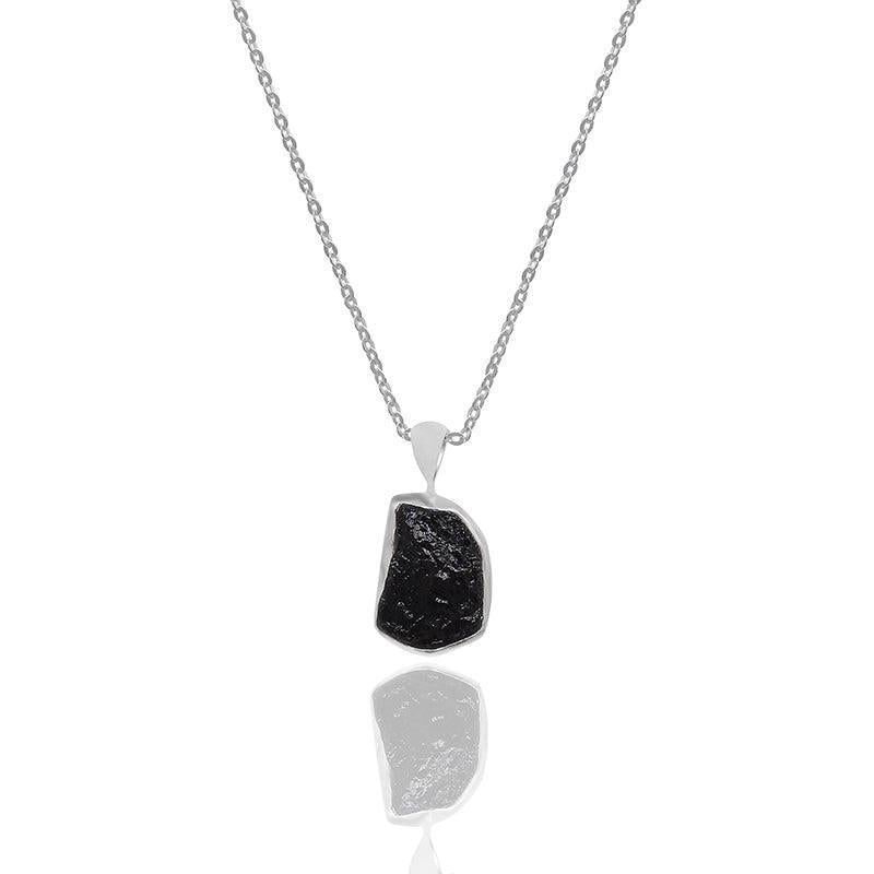 Black Tourmaline Rough Sterling Silver Crystal Necklace