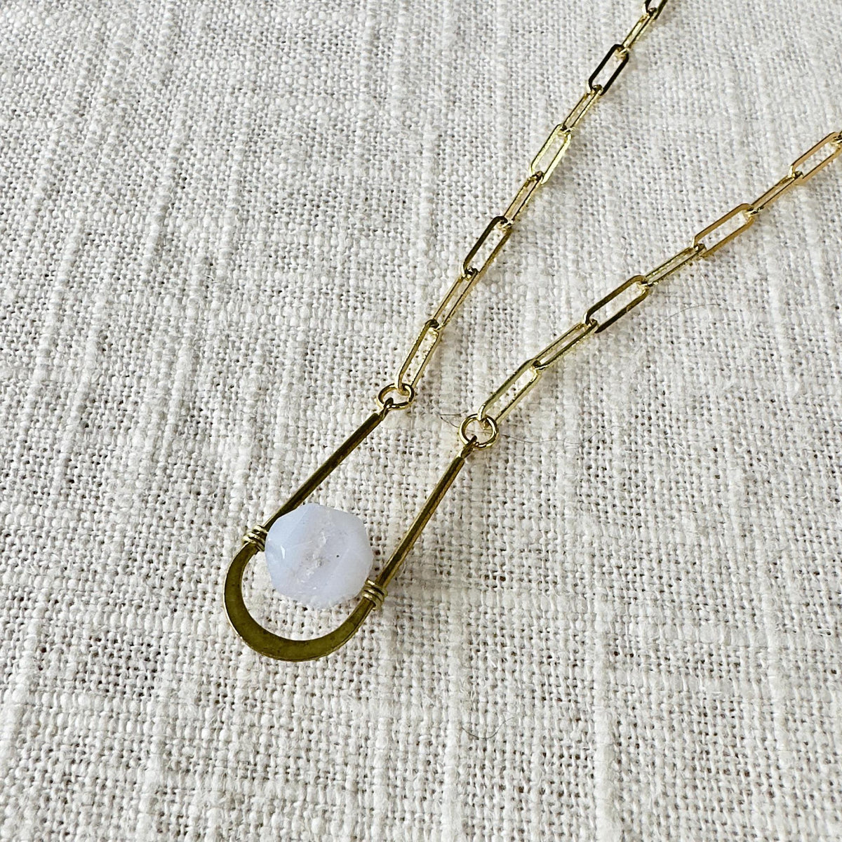 Blue Lace Agate Gold Paperclip Chain Oval Necklace