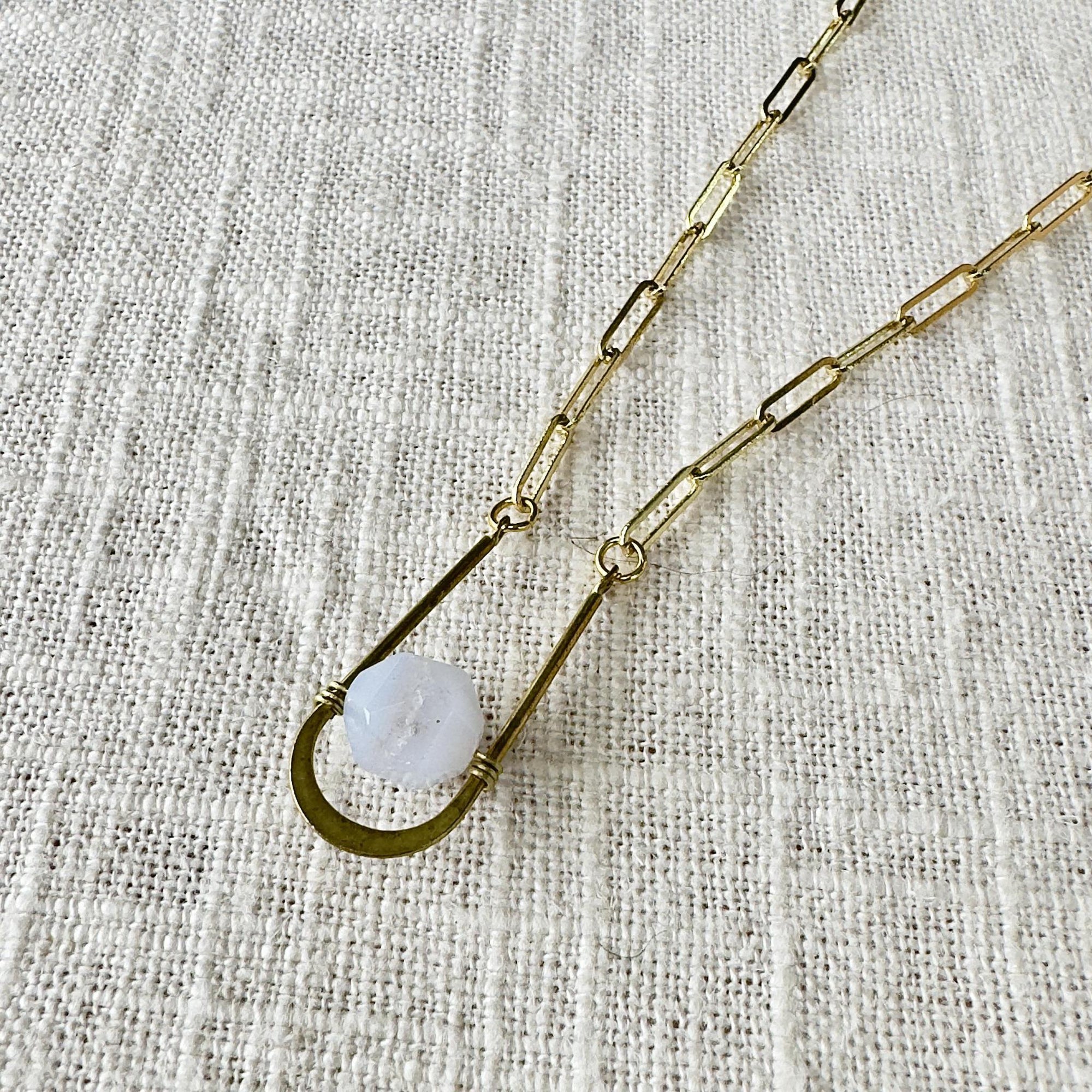 Blue Lace Agate Gold Paperclip Chain Oval Necklace