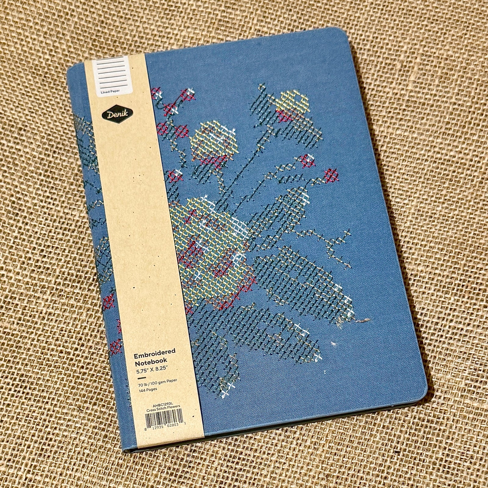 Cross Stitch Flowers Embroidered Journal blue with yellow ed and green stitching