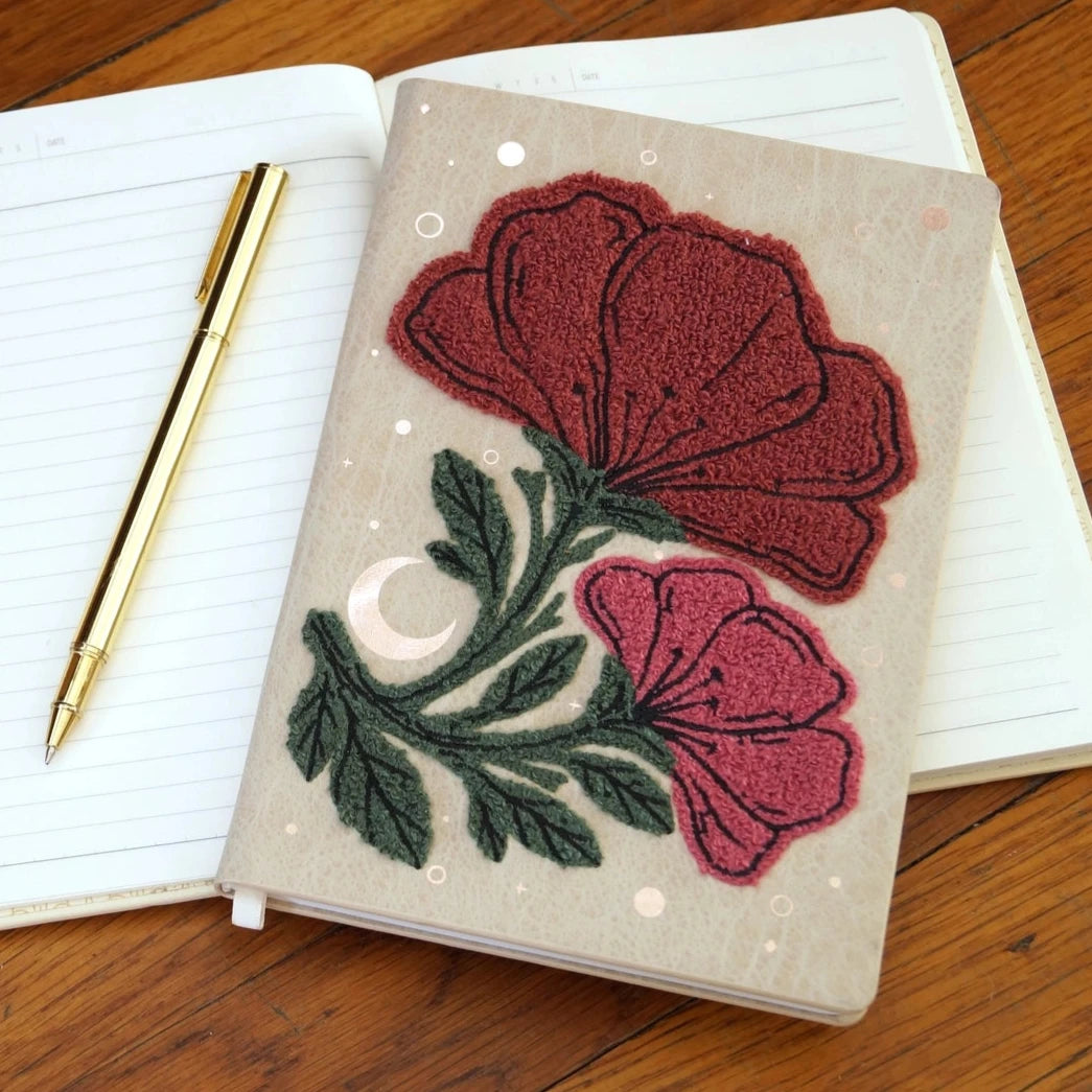 Double Bloom Embroidered Journal red and pink flowers green stems and leaves on beige background with moon and circles