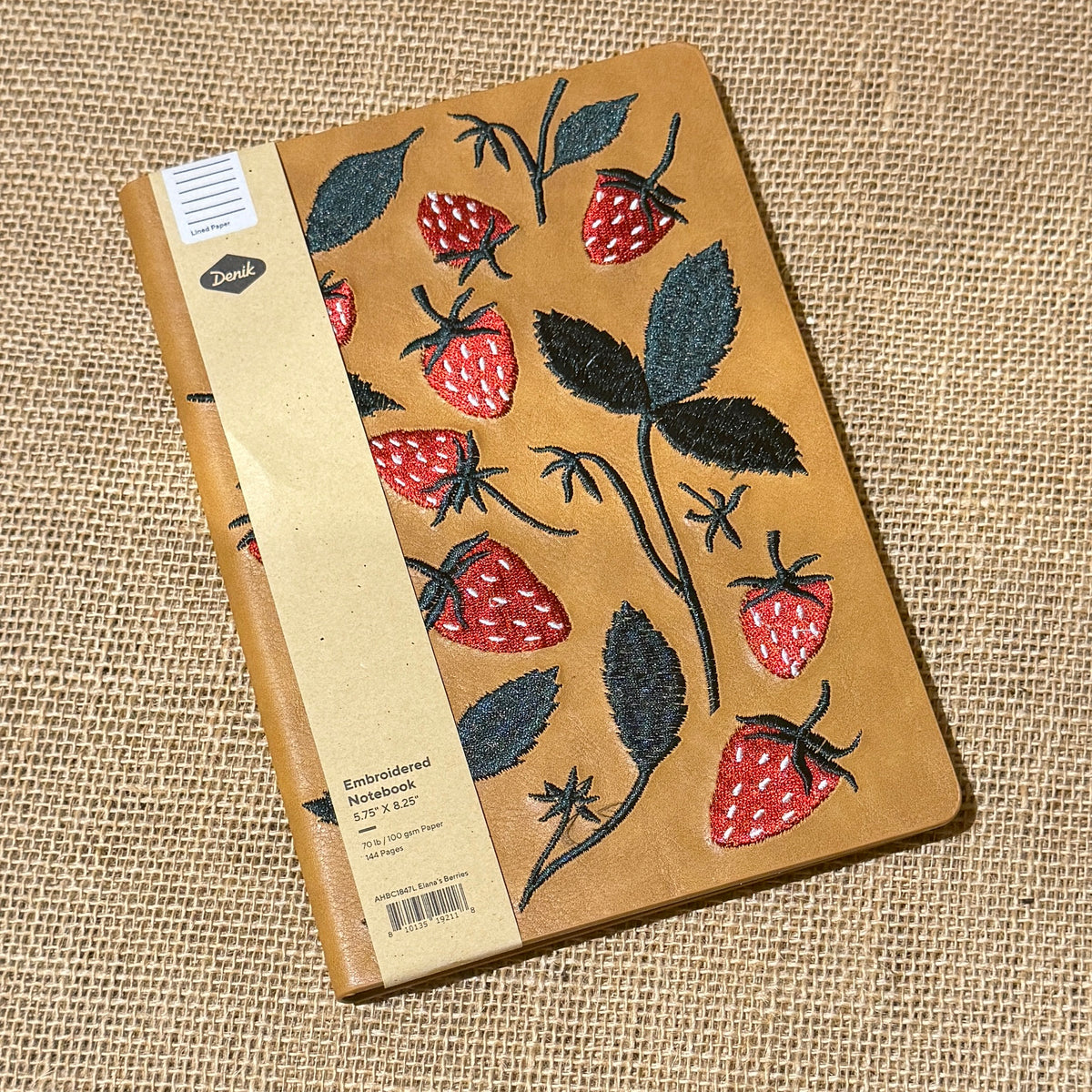 Elana&#39;s Berries Embroidered Journal Notebook red strawberries and green leaves on tan faux leather