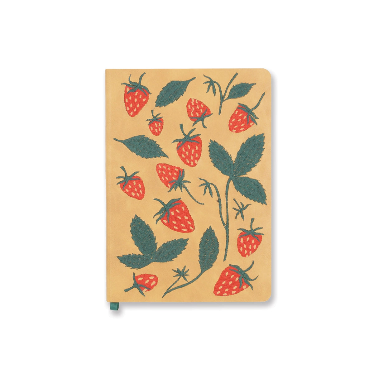 Elana&#39;s Berries Embroidered Journal Notebook red strawberries and green leaves on tan faux leather