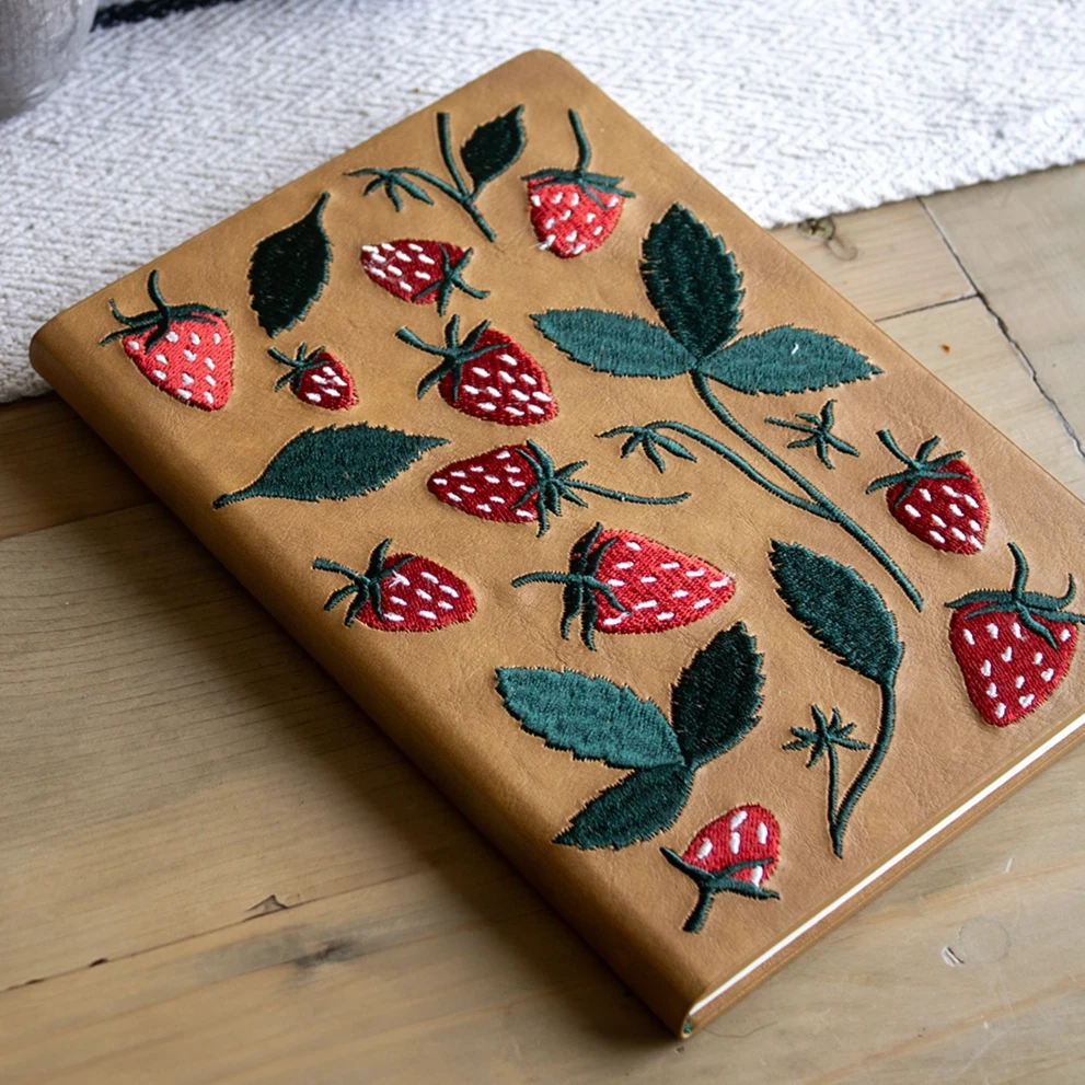 Elana's Berries Embroidered Journal Notebook red strawberries and green leaves on tan faux leather