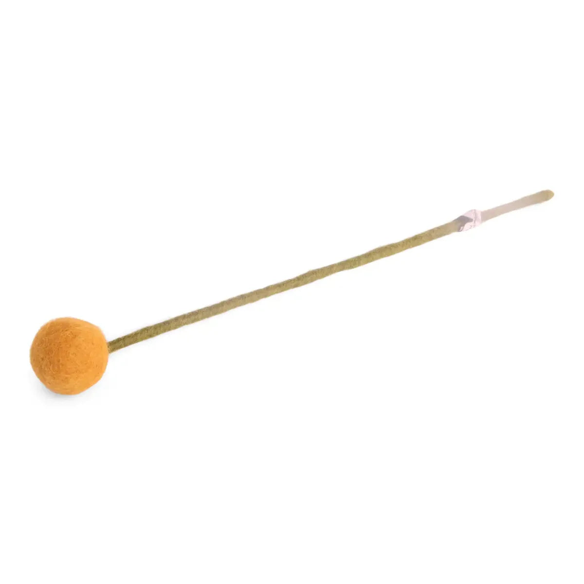 The Healing Hedge Witch Big Flower Ball: a single mallet featuring a long, thin handle and round yellow felted head, highlighting handmade Danish design, displayed on a white background.