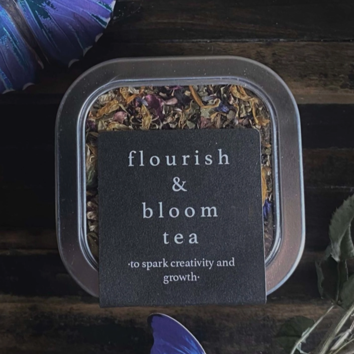 Flourish &amp; Bloom Tea to grow and inspire, create and share. Ingredients: hawthorn leaf &amp;amp; flower, rose petals, cyani flowers, calendula, lavender, red clover blossom, chrysanthemum, elderflower, hibiscus, and linden.