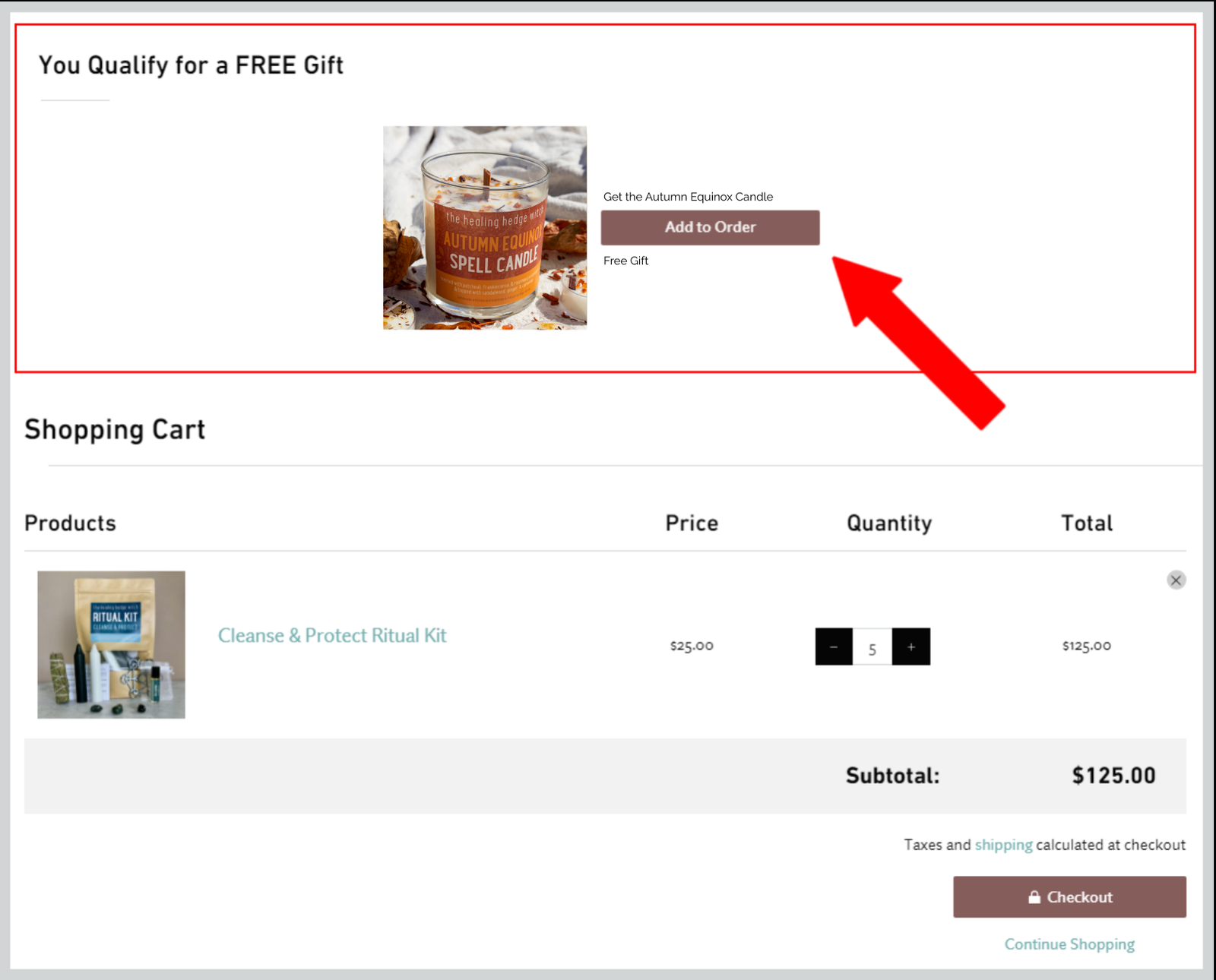 Screenshot of an online shopping cart offering a free Autumn Equinox candle. A red arrow points to the Add to Order button for the free candle, above a cart with a Cleanse & Protect Ritual Kit priced at $125.