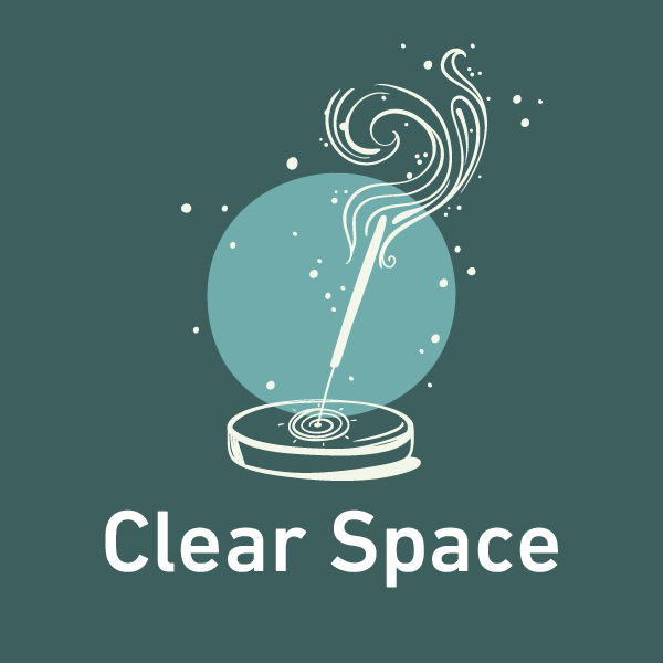 Illustration of burning incense on a circular holder with swirling smoke and a blue circle in the background. The words Clear Space appear below in bold white text.