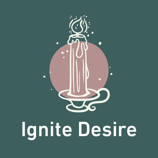 Illustration of a lit, melting candle on a holder with a pink circle background. Underneath, the words “Ignite Desire” are written in bold white text.