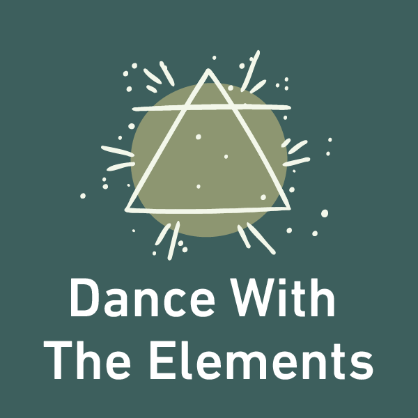 A hand-drawn triangle over a green circle with decorative lines and dots, above the text Dance With The Elements on a dark green background.