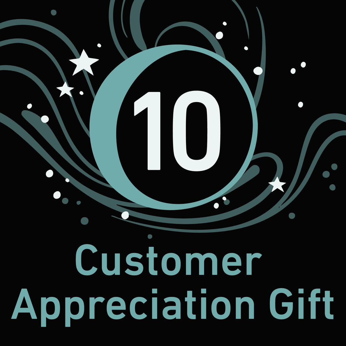 A graphic for The Healing Hedge Witch's Customer Appreciation Gift features a large "10" in a circle, abstract swirls and stars, and the product name below on a black background with teal and white accents.