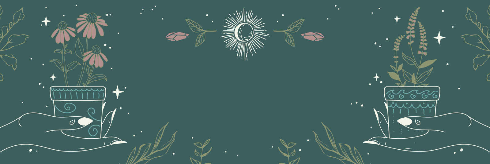 Two illustrated hands hold flower pots with pink and yellow flowers and green leaves. Decorative stars, leaves, and a sun with a crescent moon appear on a teal background. The design is symmetrical and whimsical.
