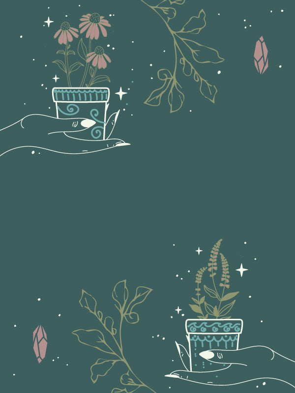Two illustrated hands hold decorated flowerpots with blooming flowers, surrounded by leafy vines, stars, and pink crystals on a teal background. The design has a whimsical, mystical feel.
