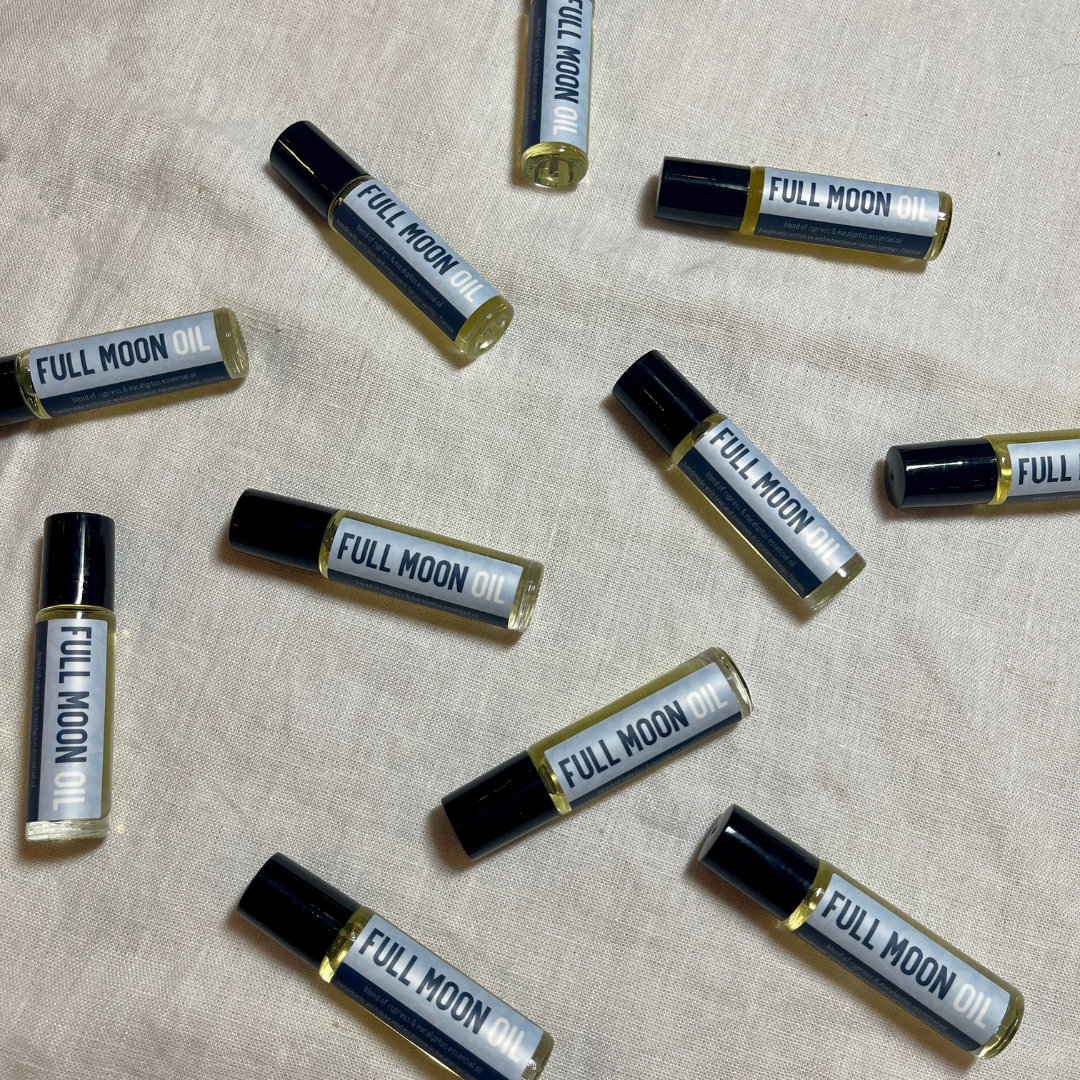 Honor the Full Moon with this oil roll on! a grapeseed oil base with a blend of cypress & eucalyptus essential oil.