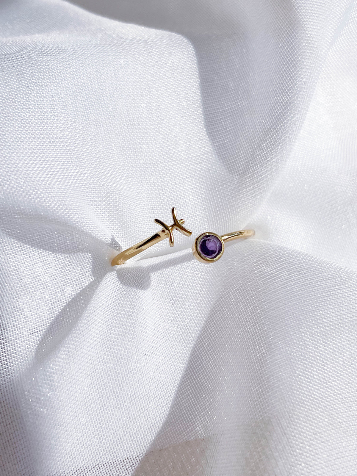 The Healing Hedge Witch’s Zodiac Gold Plated Ring features a petite Pisces symbol and a round purple birthstone, elegantly set against softly textured white fabric.