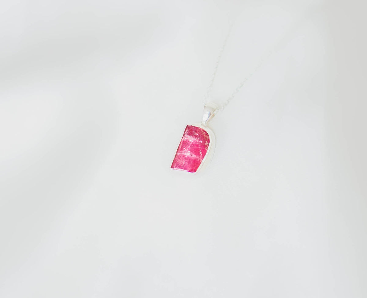 Pink Tourmaline Rough Sterling Silver Crystal Necklace