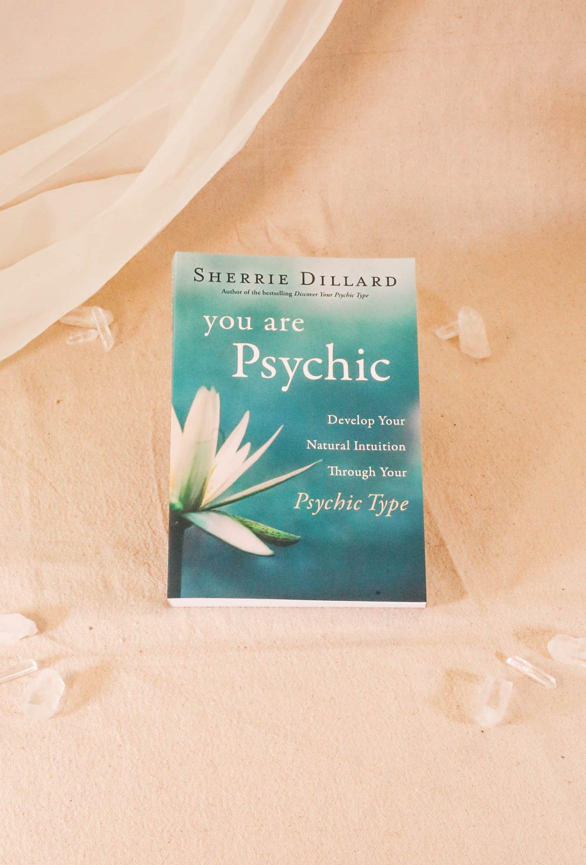 You Are Psychic by The Healing Hedge Witch sits on a beige fabric, surrounded by clear quartz crystals and a sheer white cloth. The cover displays a white lotus flower on a teal background.