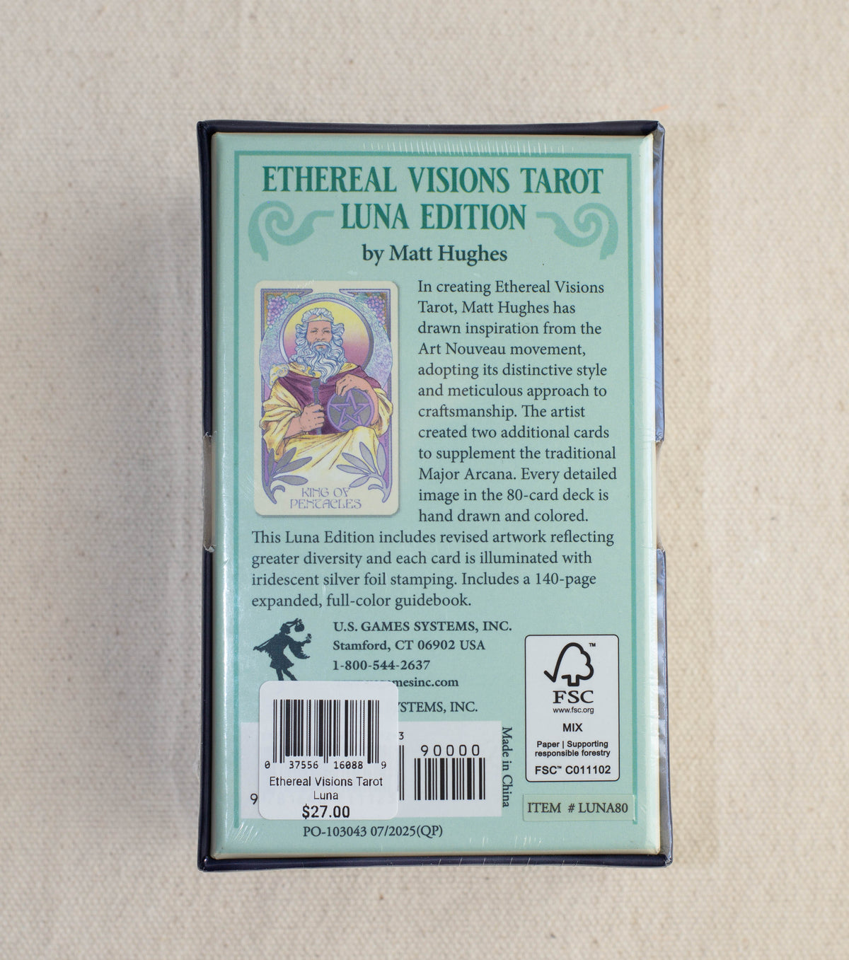 The Ethereal Visions Tarot Luna Edition box by The Healing Hedge Witch displays an Art Nouveau card illustration, deck description, publisher info, and barcode on the back, all set against a light green background.
