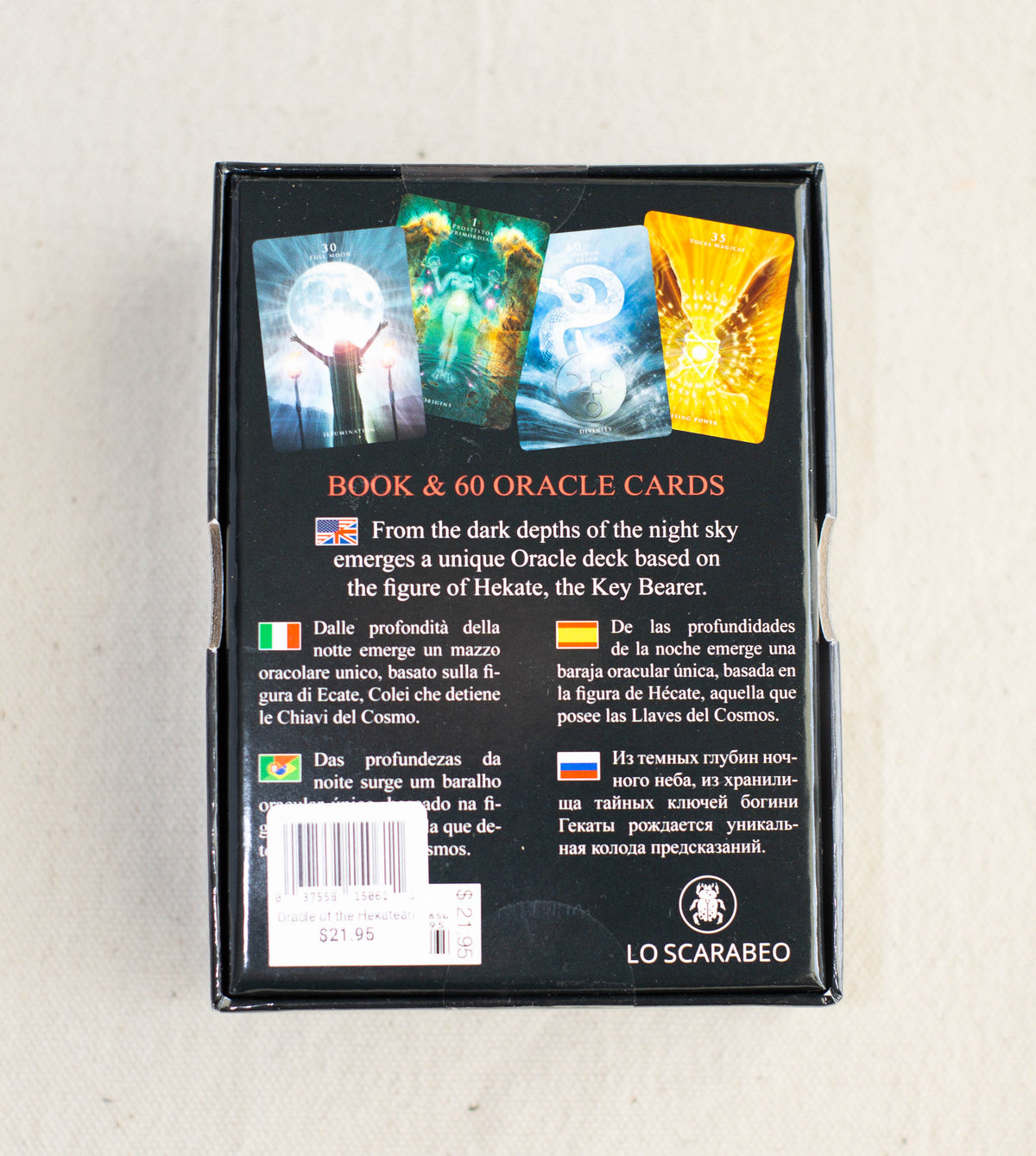 A box for a 60-card deck titled Oracle of the Hekatean Path by The Healing Hedge Witch. The back displays three card images, a short description in four languages, the brand logo, and a barcode sticker.