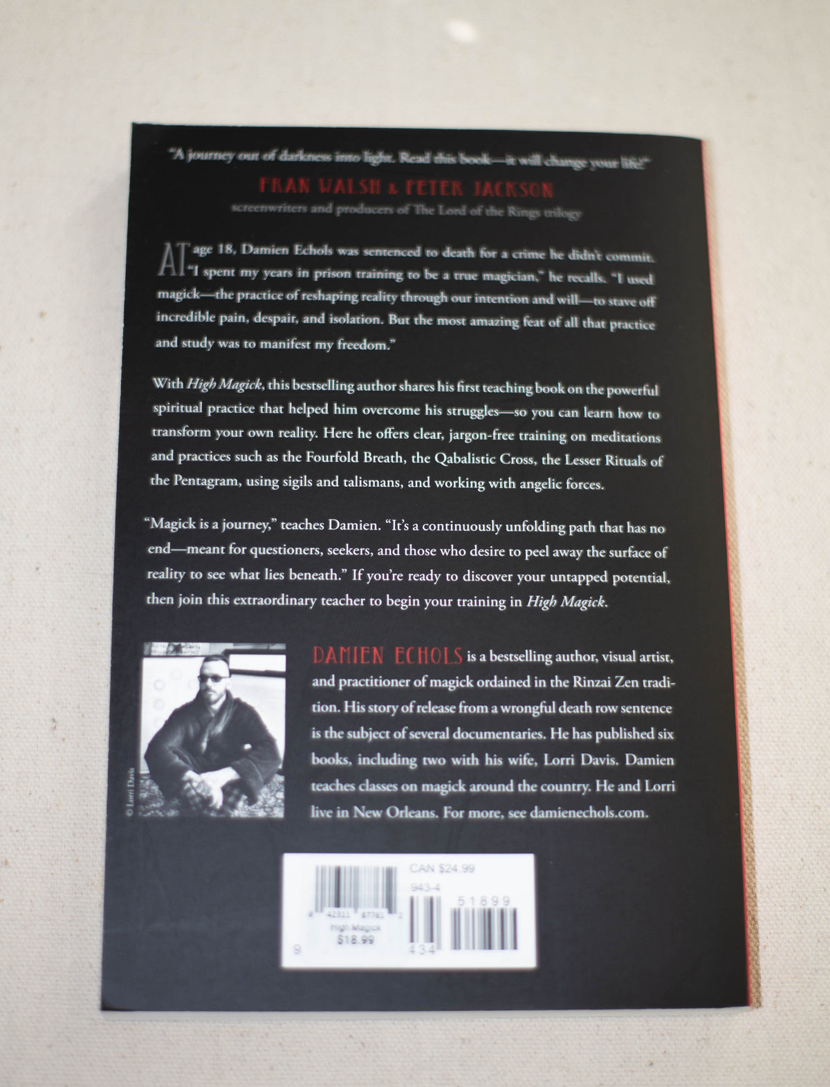 The back cover of High Magick by The Healing Hedge Witch includes a contents summary, author bio, praise quotes, and a black-and-white photo of the author outdoors. A barcode is centered at the bottom on a black background.
