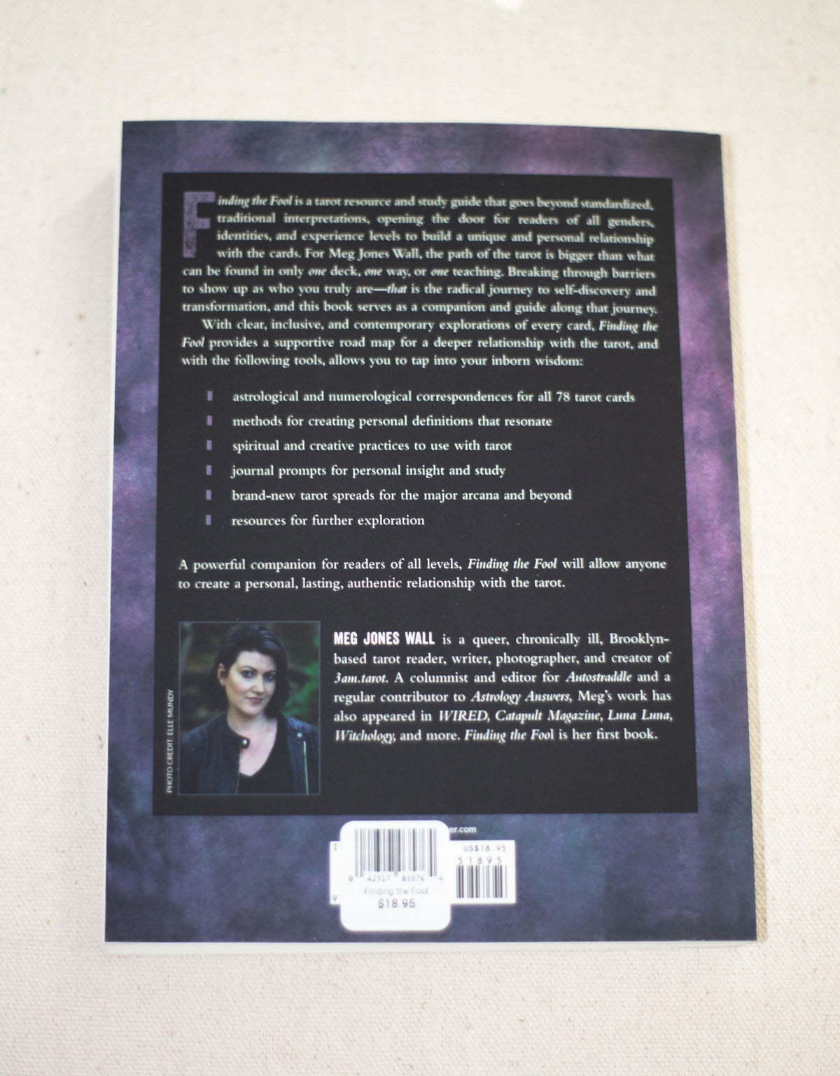 The back cover of Finding the Fool by The Healing Hedge Witch displays a guide summary, author bio, and small author photo (lower left) on a dark purple-black background with a price sticker at the bottom.