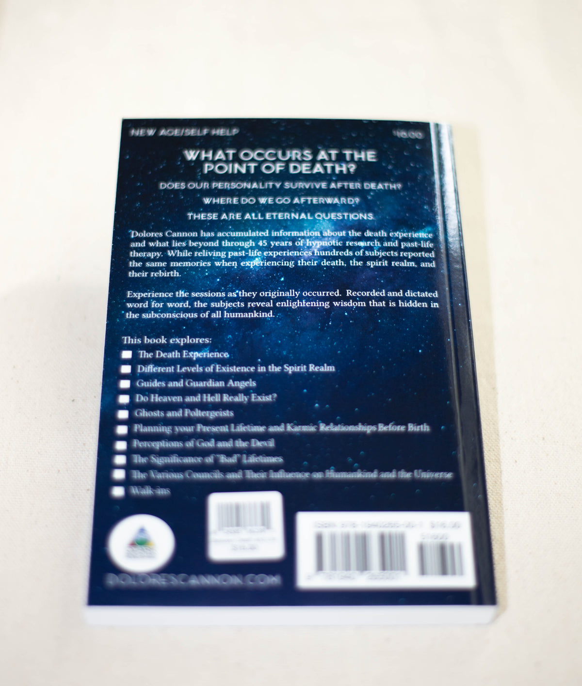 The back cover of Between Death and Life by The Healing Hedge Witch features a summary of the book’s content, highlighting topics such as death, spirituality, and reincarnation.