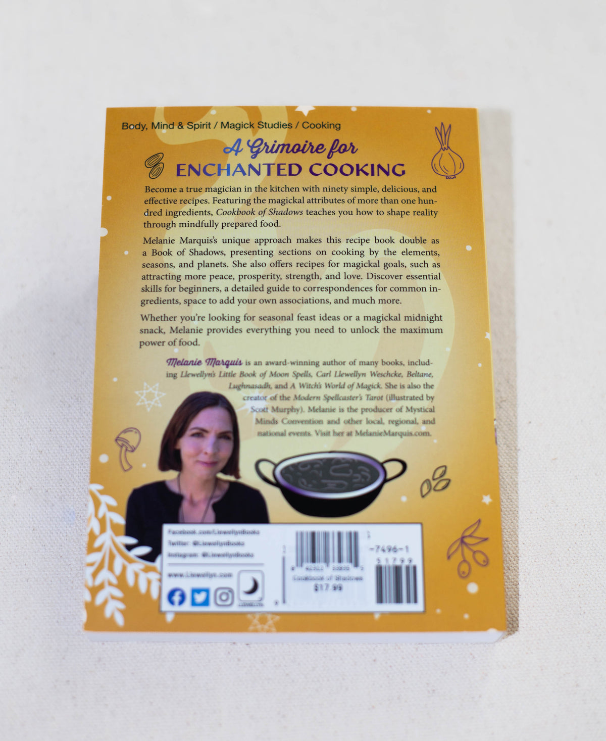 The image shows the back cover of Cookbook of Shadows by The Healing Hedge Witch—a magickal cookbook with a cauldron illustration, author photo, and summary about recipes for magical goals on a yellow background.