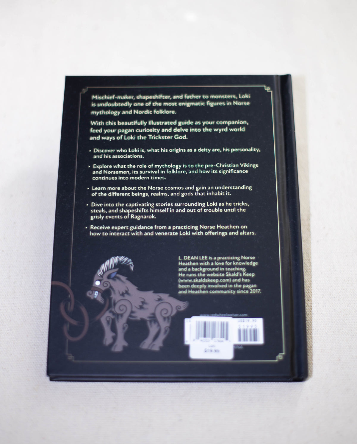 The back cover of "Loki" by The Healing Hedge Witch features text about Norse mythology and Loki, plus a stylized goat with curled horns and a dangling key, highlighting the book’s content and author.